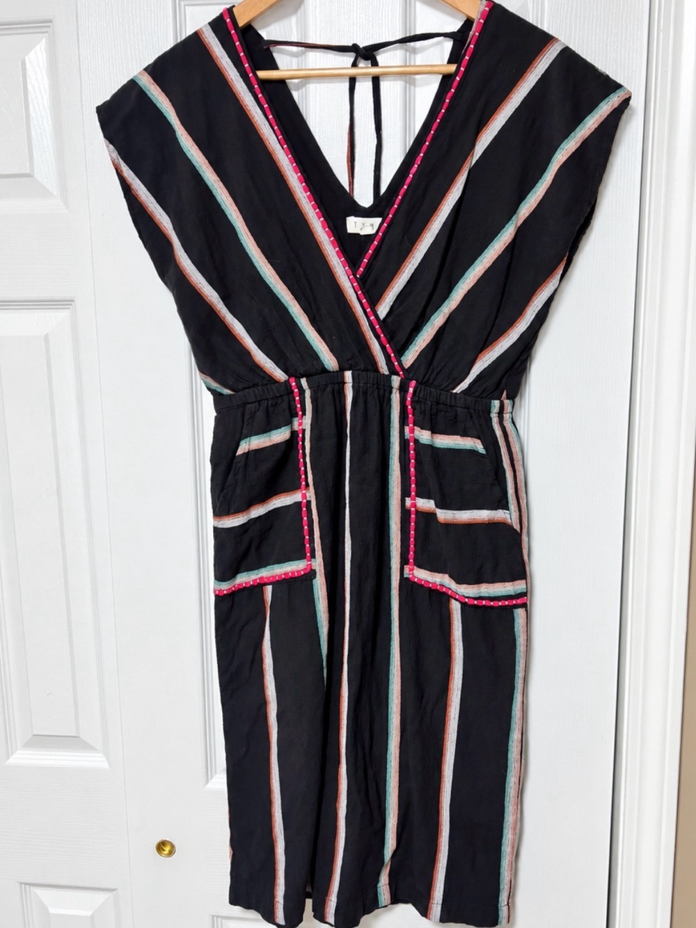 THML Embroidered Striped Boho Midi Dress Black Small